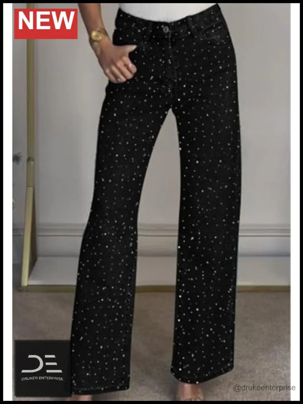 High Rise Straight Leg Rhinestone Jeans for Women Y2K Sparkly Denim Pants